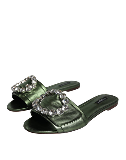 Metallic Green Crystal Leather Flats Sandals Shoes