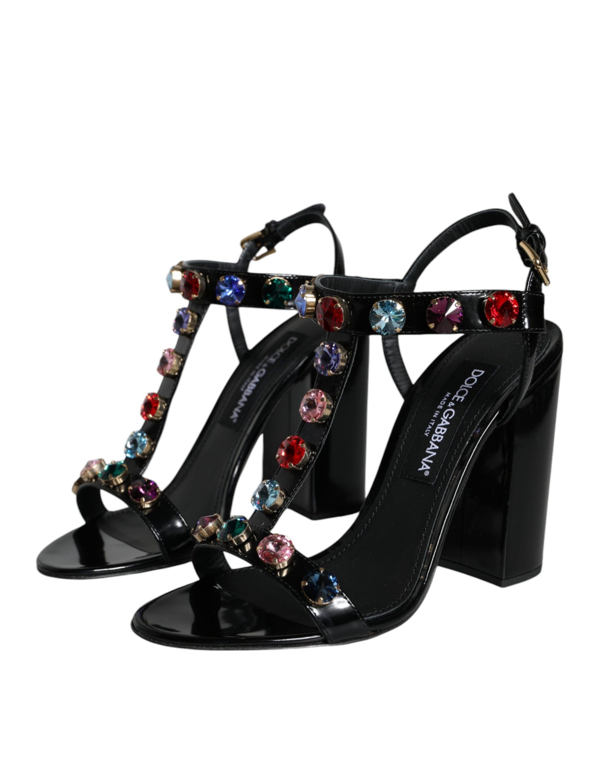 Black Crystal Leather T-strap Sandals Shoes