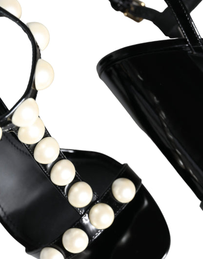 Black Leather Pearls T-strap Sandals Shoes