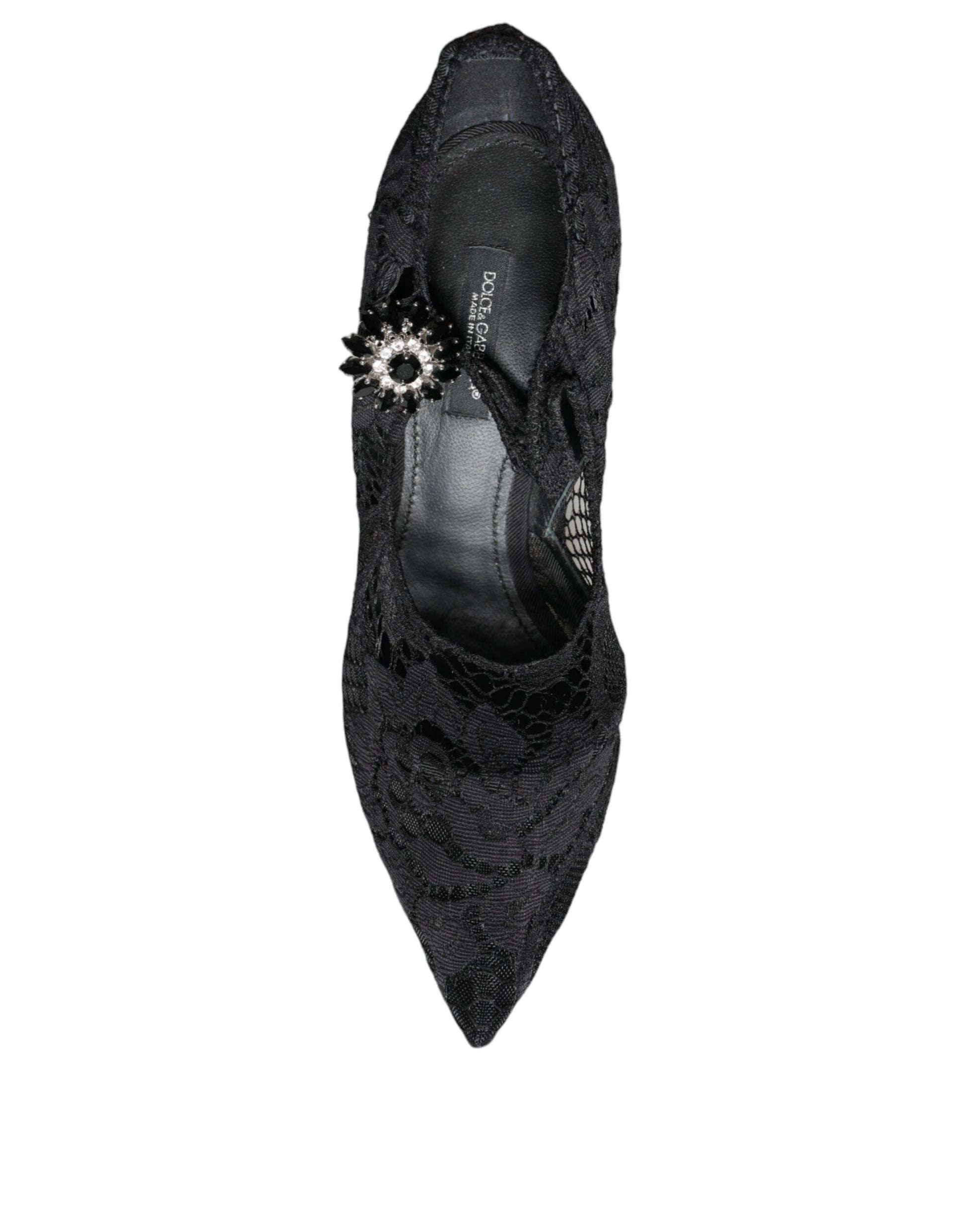 Black Mary Jane Pumps Lace Crystals Heels Shoes