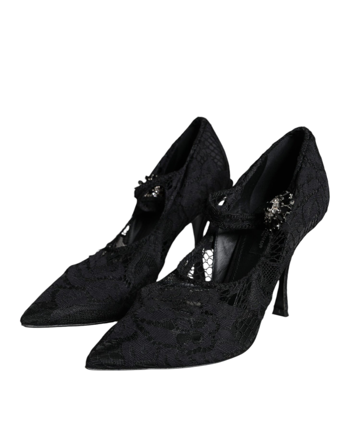 Black Mary Jane Pumps Lace Crystals Heels Shoes