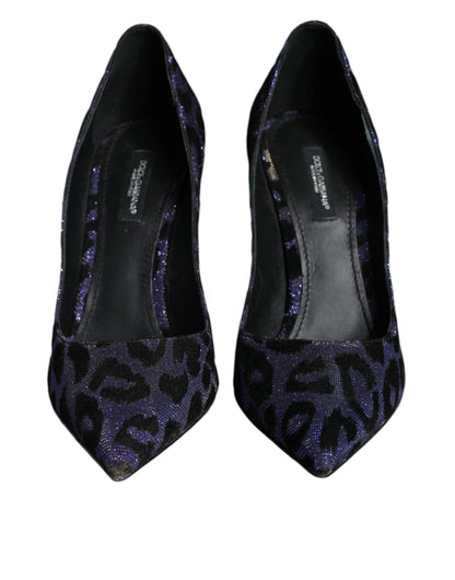 Zapatos de tacón alto de lúrex con estampado de leopardo violeta