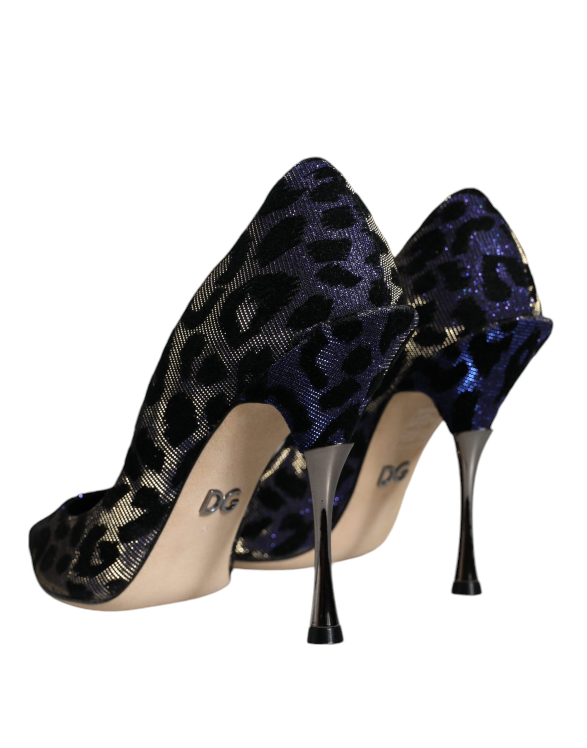 Zapatos de tacón alto de lúrex con estampado de leopardo violeta