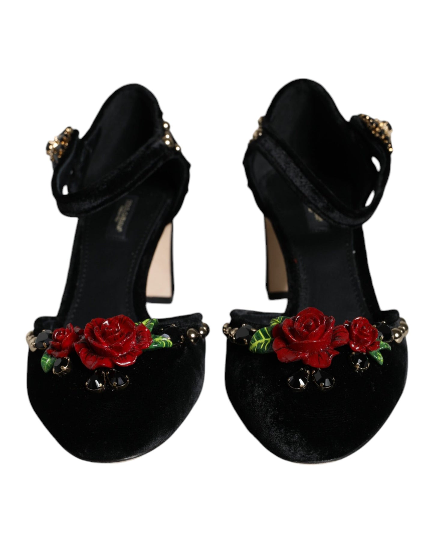 Zapatos de tacón con tiras en el tobillo y rosas de terciopelo negro