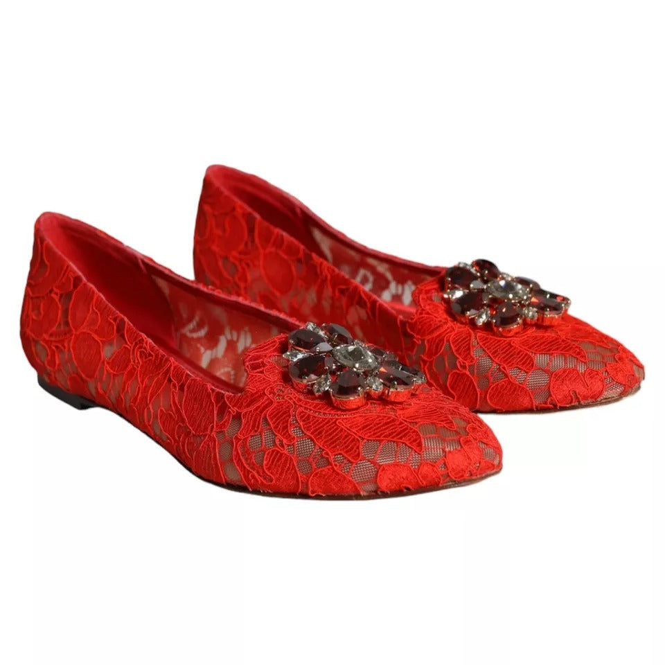 Red Lace Crystal Ballet Flats Loafers Shoes