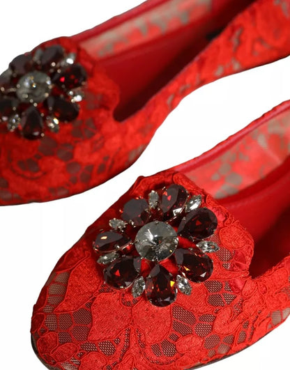 Red Lace Crystal Ballet Flats Loafers Shoes