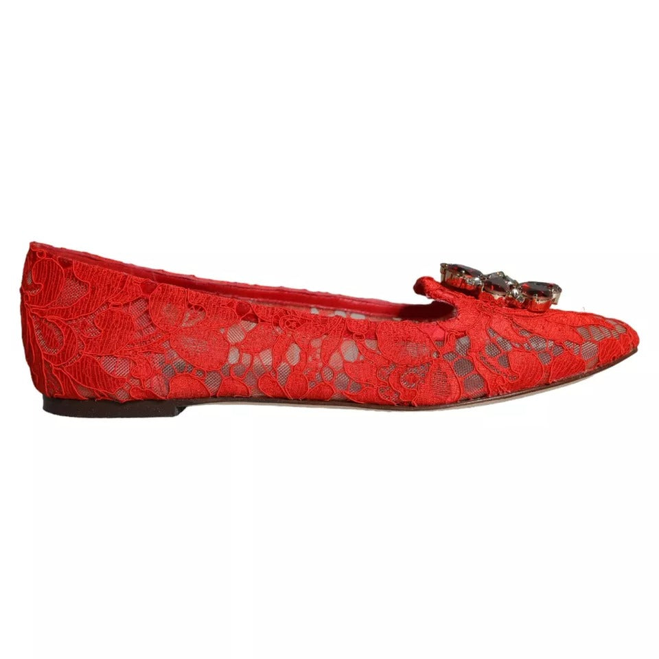 Red Lace Crystal Ballet Flats Loafers Shoes