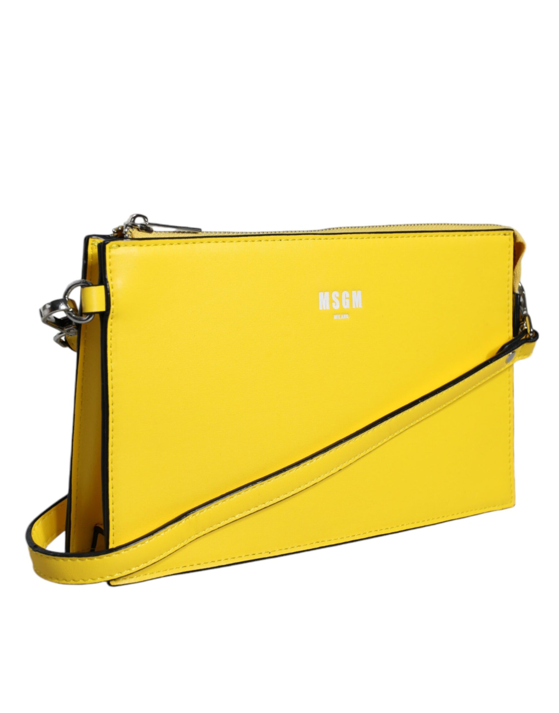 Bolso bandolera de cuero amarillo con logo