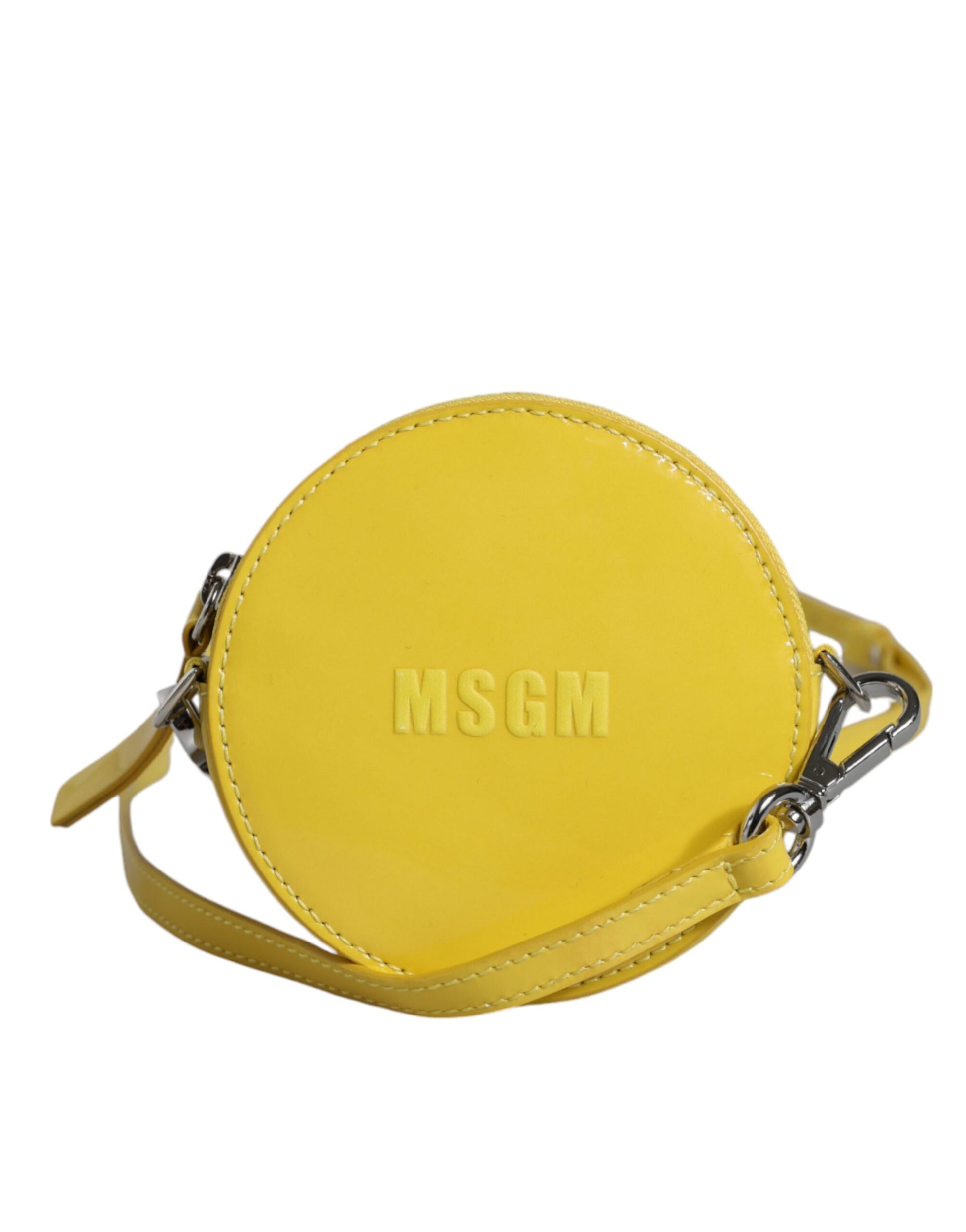 Bolso bandolera redondo de piel amarilla con logo