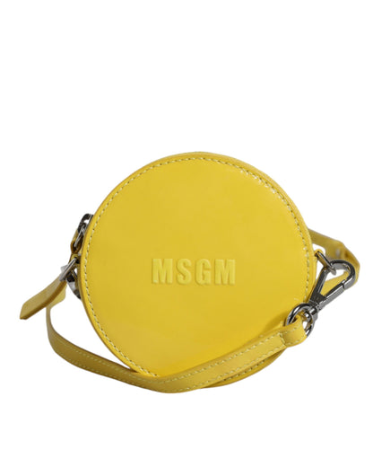 Bolso bandolera redondo de piel amarilla con logo