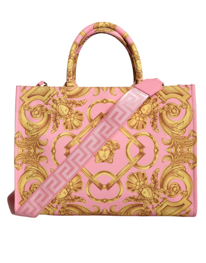 Bolsa de compras grande de cuero y tela con estampado rosa