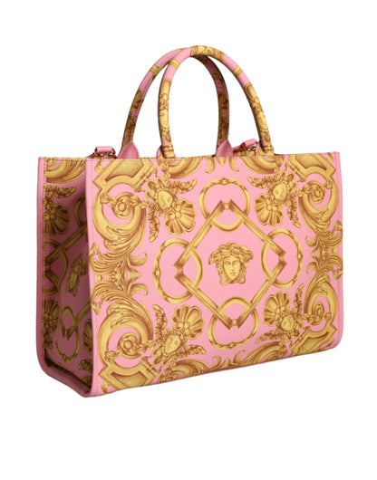 Bolsa de compras grande de cuero y tela con estampado rosa