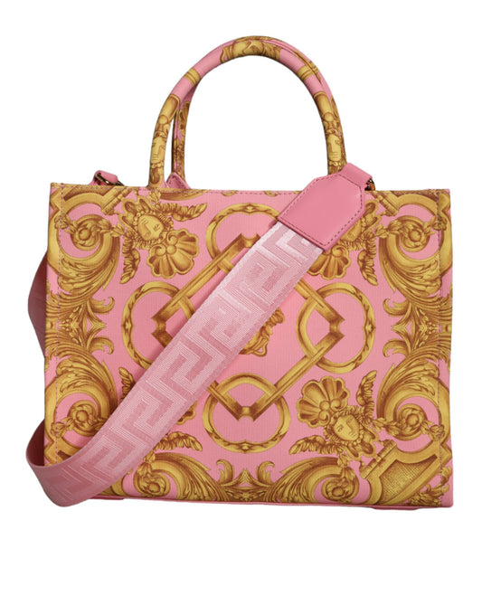 Bolso de compras de piel y tela barroca en color rosa y amarillo