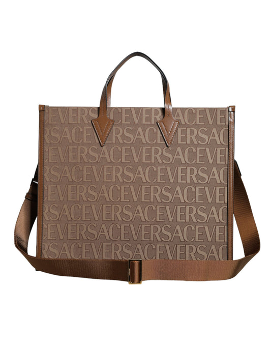 Bolso Tote Crossbody de piel jacquard con logo y asa superior marrón