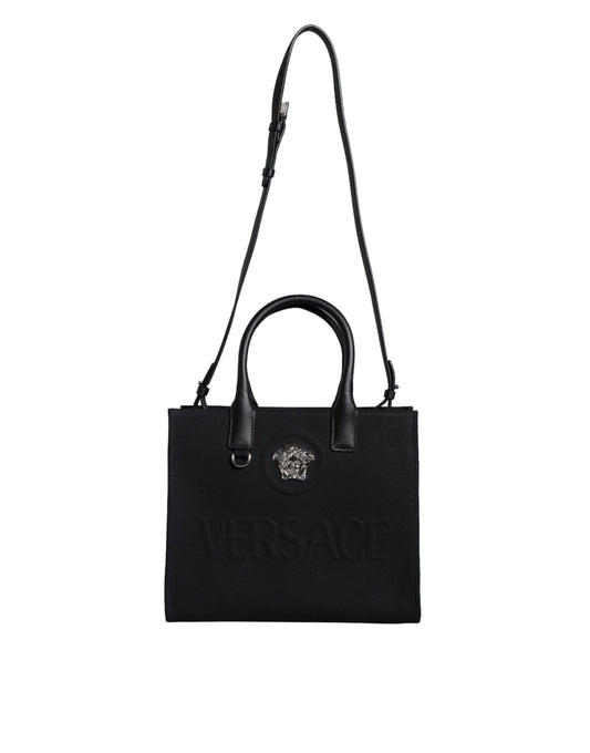 Negro Top Handle Lienzo Cuero Logo Crossbody Tote Bag