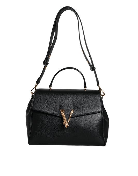 Bolso crossbody negro de piel de becerro granulada con asa superior