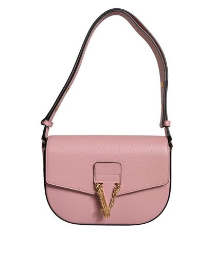 Pink Grainy Calf Leather Logo Crossbody Shoulder Bag