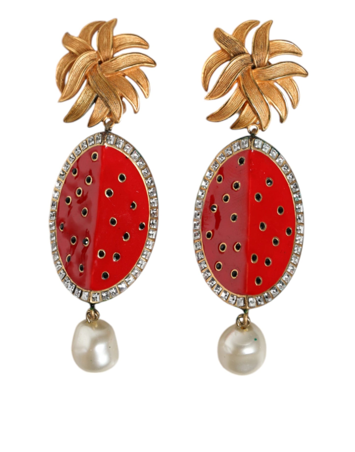 Red Watermelon Gold Brass Crystal Clip Dangling Earrings