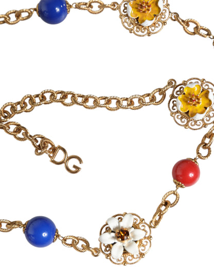 Gold Tone Brass Chain Floral Crystal Beaded Necklace