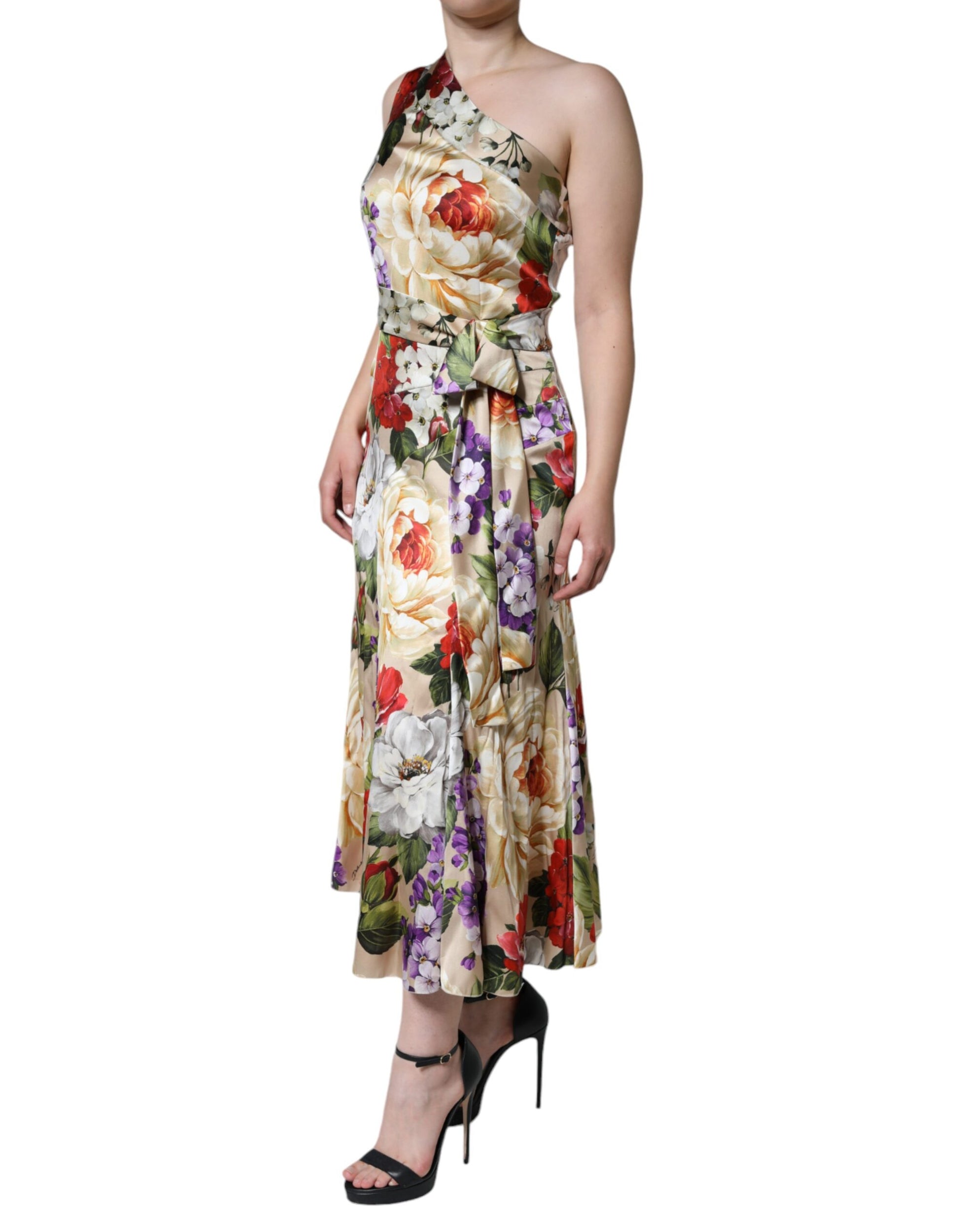 Multicolor Floral Silk Stretch One Shoulder Dress