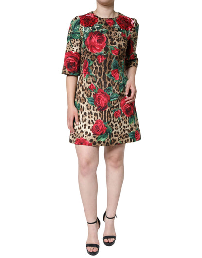 Brown Leopard Red Roses Cotton A-line Dress