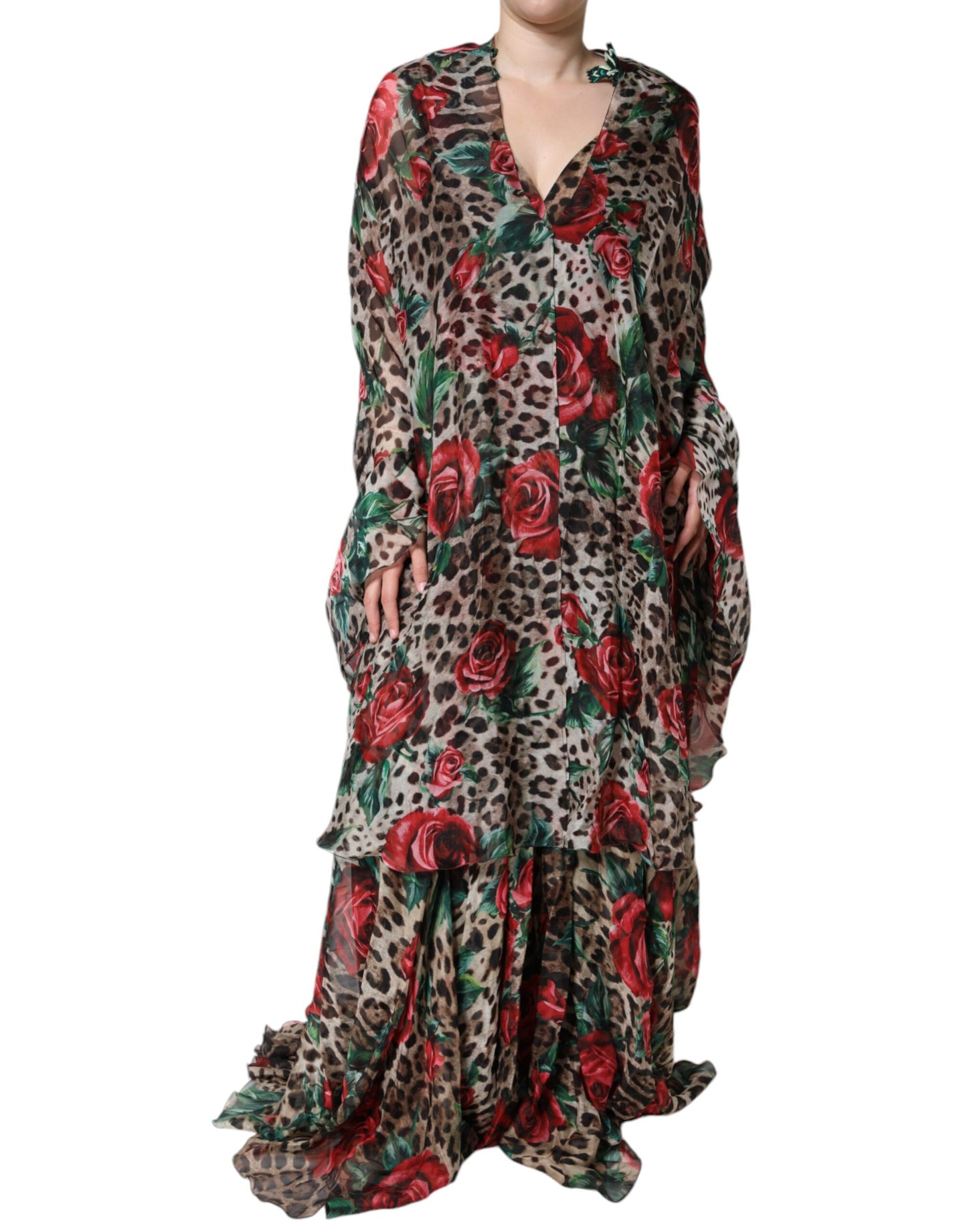 Vestido Largo de Seda Marrón Leopardo Rojo Rosas