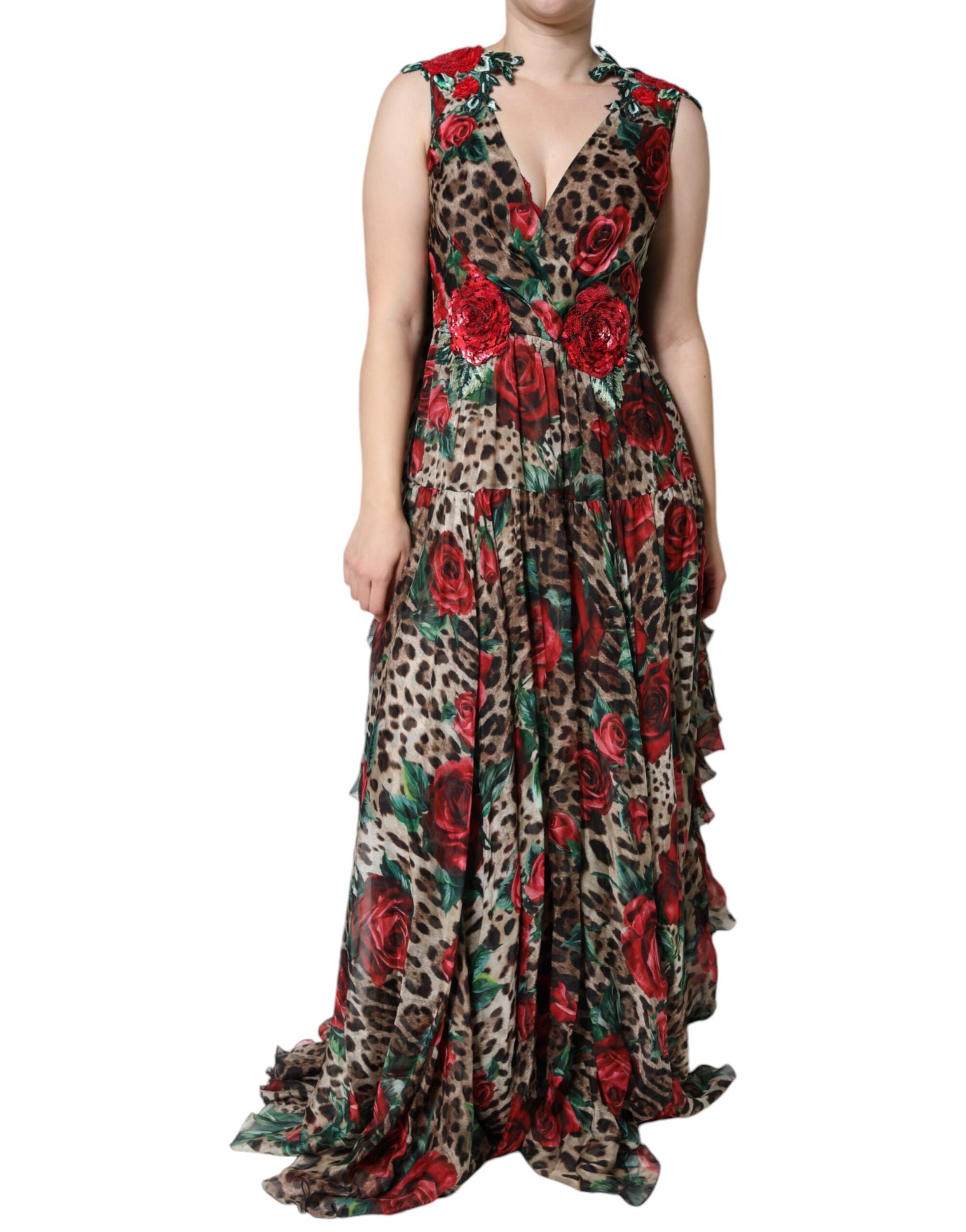 Vestido Largo de Seda Marrón Leopardo Rojo Rosas