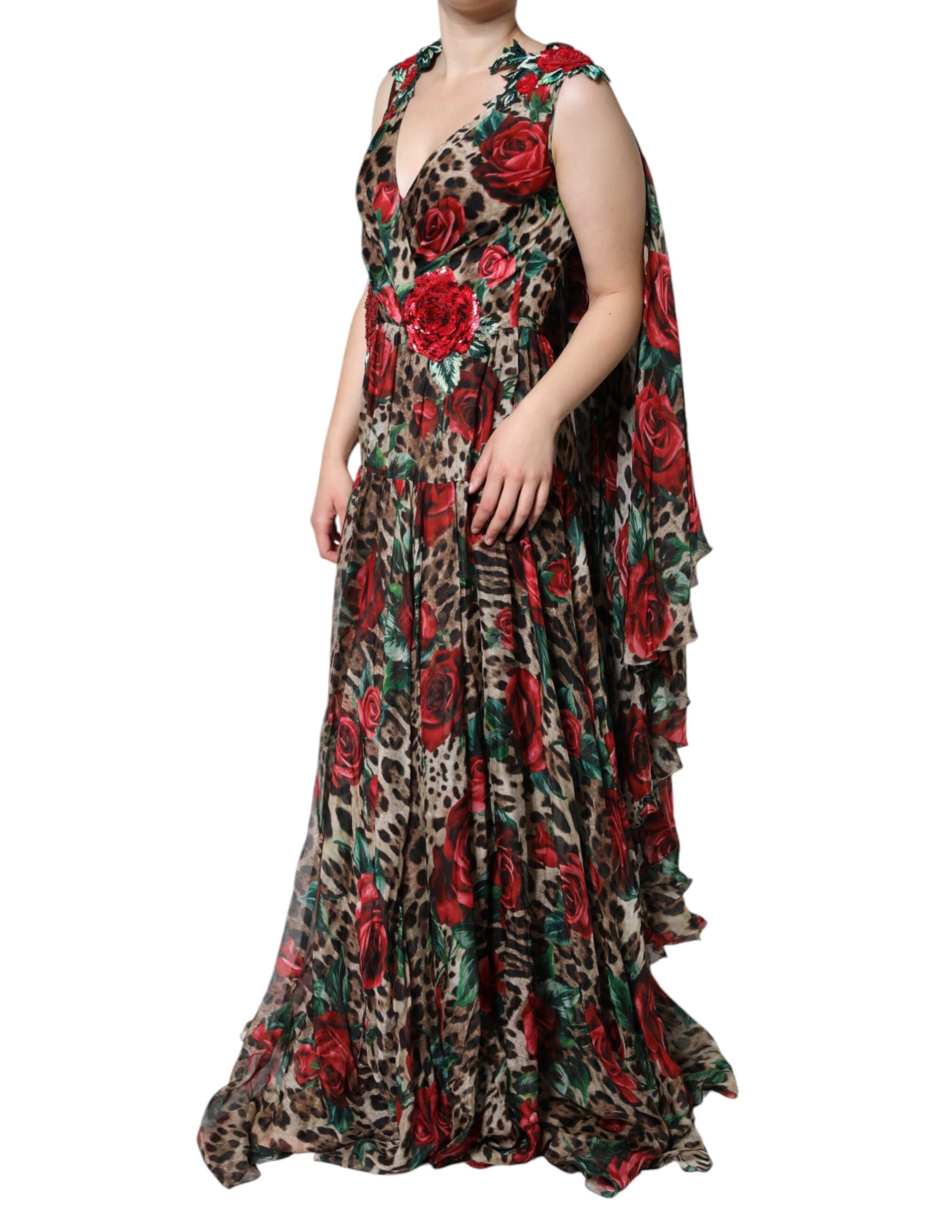 Vestido Largo de Seda Marrón Leopardo Rojo Rosas