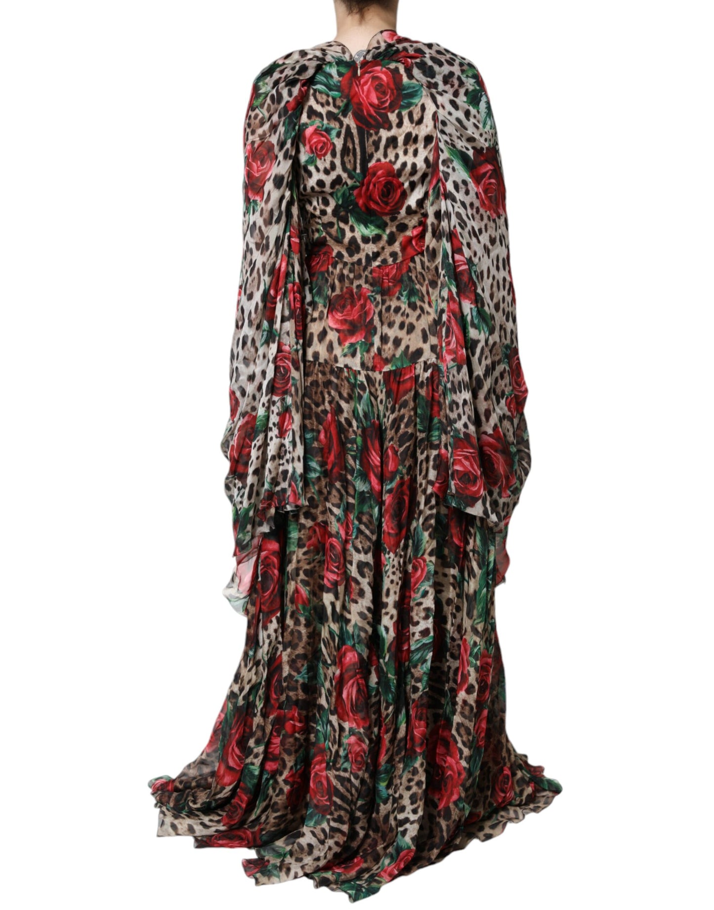 Vestido Largo de Seda Marrón Leopardo Rojo Rosas