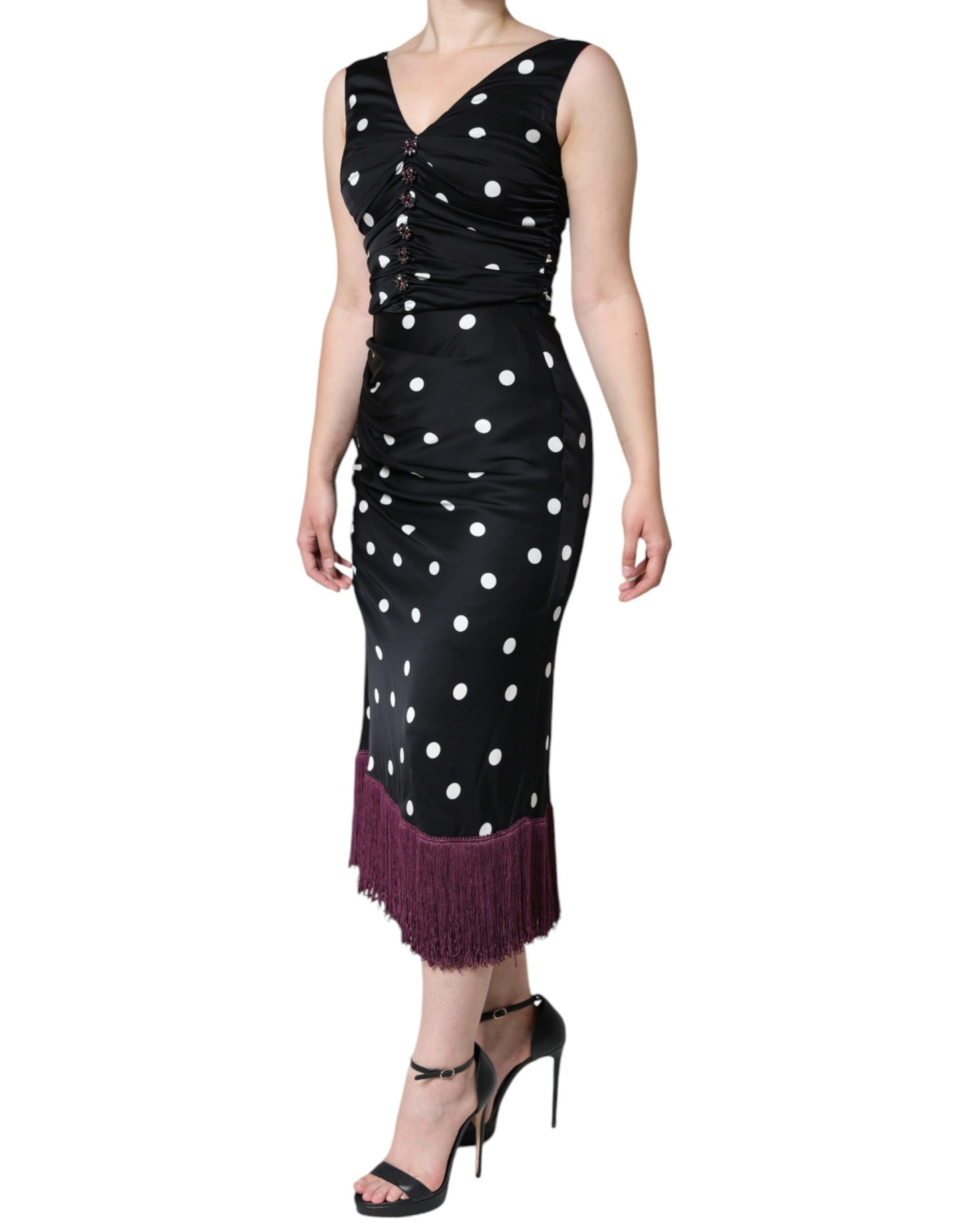 Black Silk Polka Dot V-neck Tassel Midi Dress