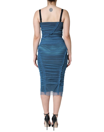 Blue Mesh Trim Ruched Tulle Sheath Dress