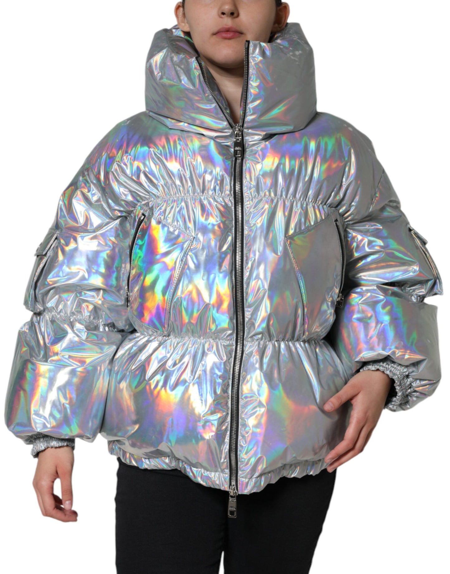 Chaqueta con cremallera y forro polar iridiscente plateado