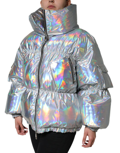 Chaqueta con cremallera y forro polar iridiscente plateado