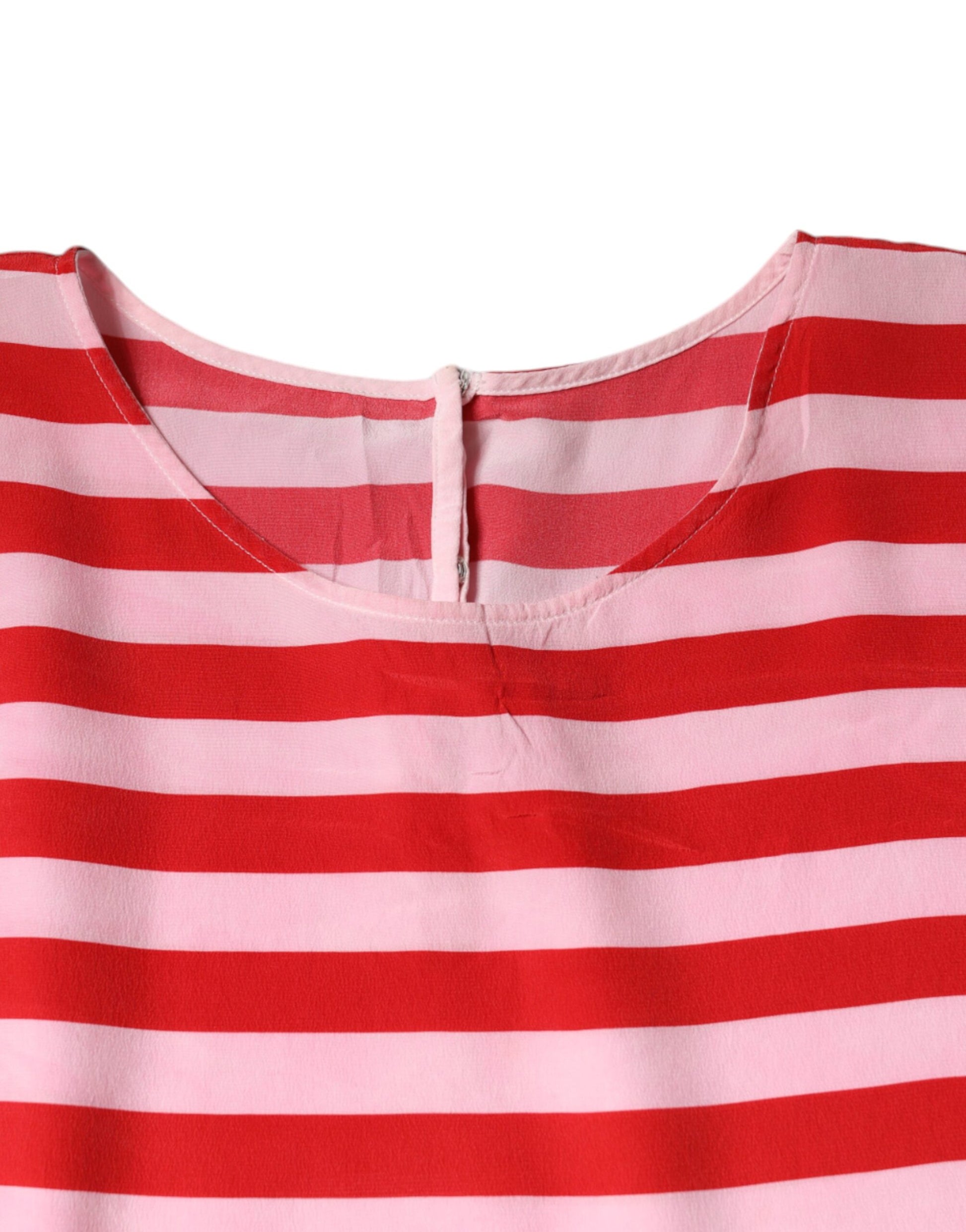 White Red Striped Silk Round Neck T-shirt