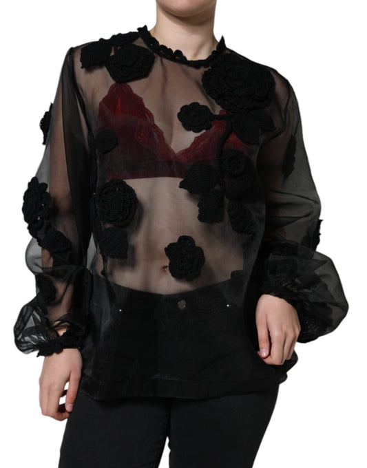 Blusa Floral Transparente de Malla de Nylon Negra