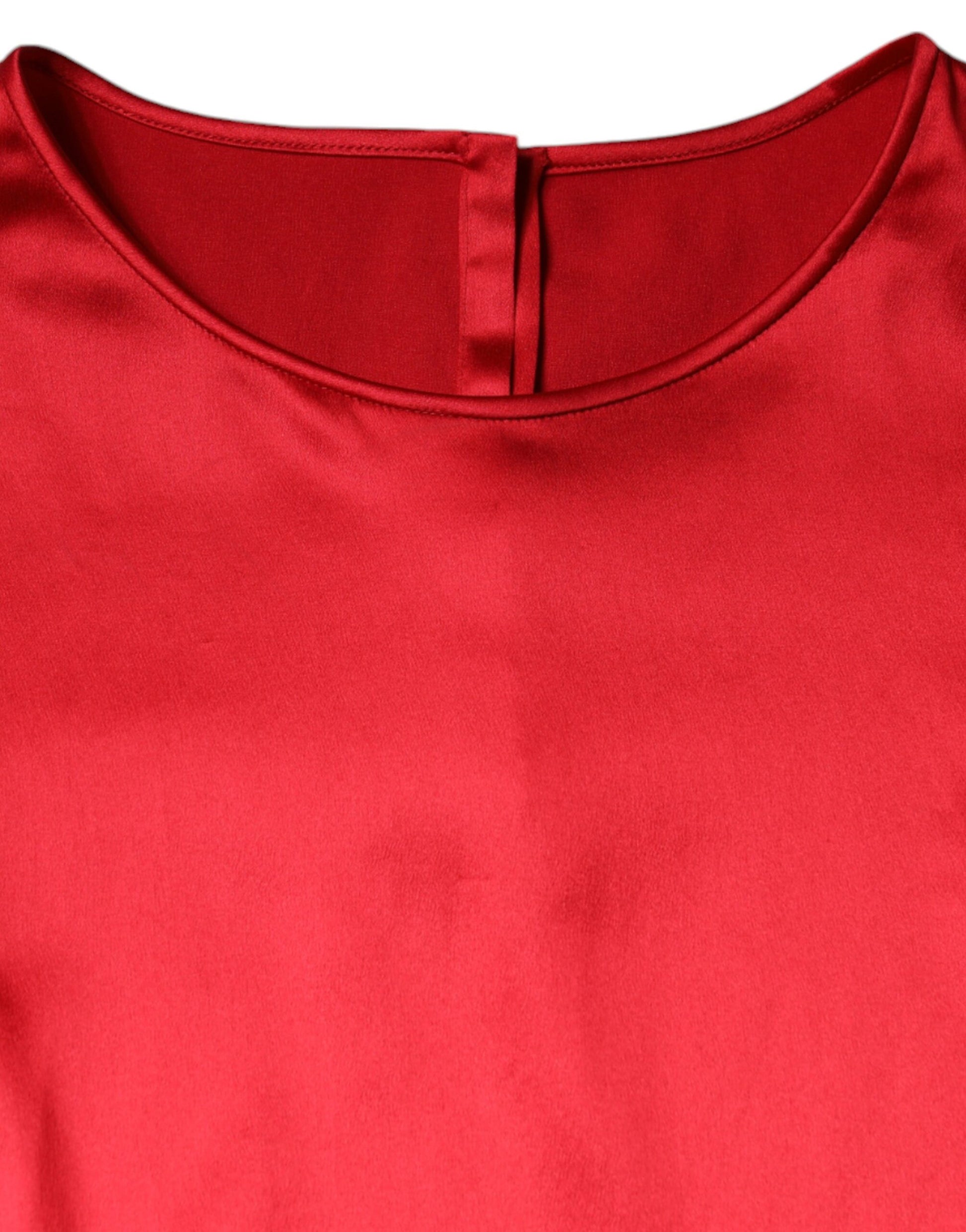 Red Satin Lace Trim Round Neck Blouse Top