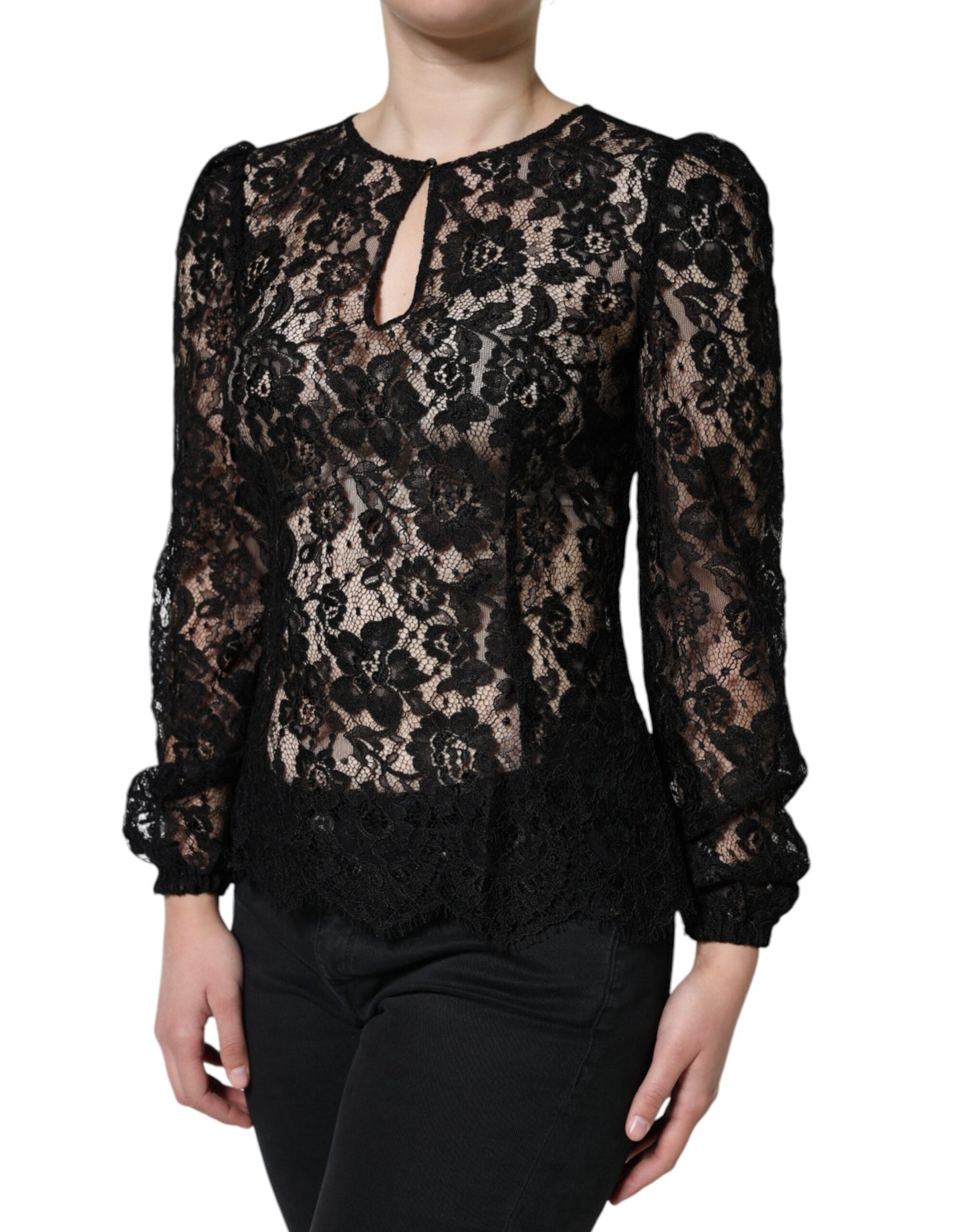 Blusa de manga larga transparente con encaje floral negro