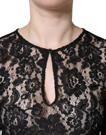 Blusa de manga larga transparente con encaje floral negro