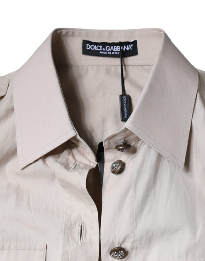 Beige Cotton Collared Button Down Shirt Top