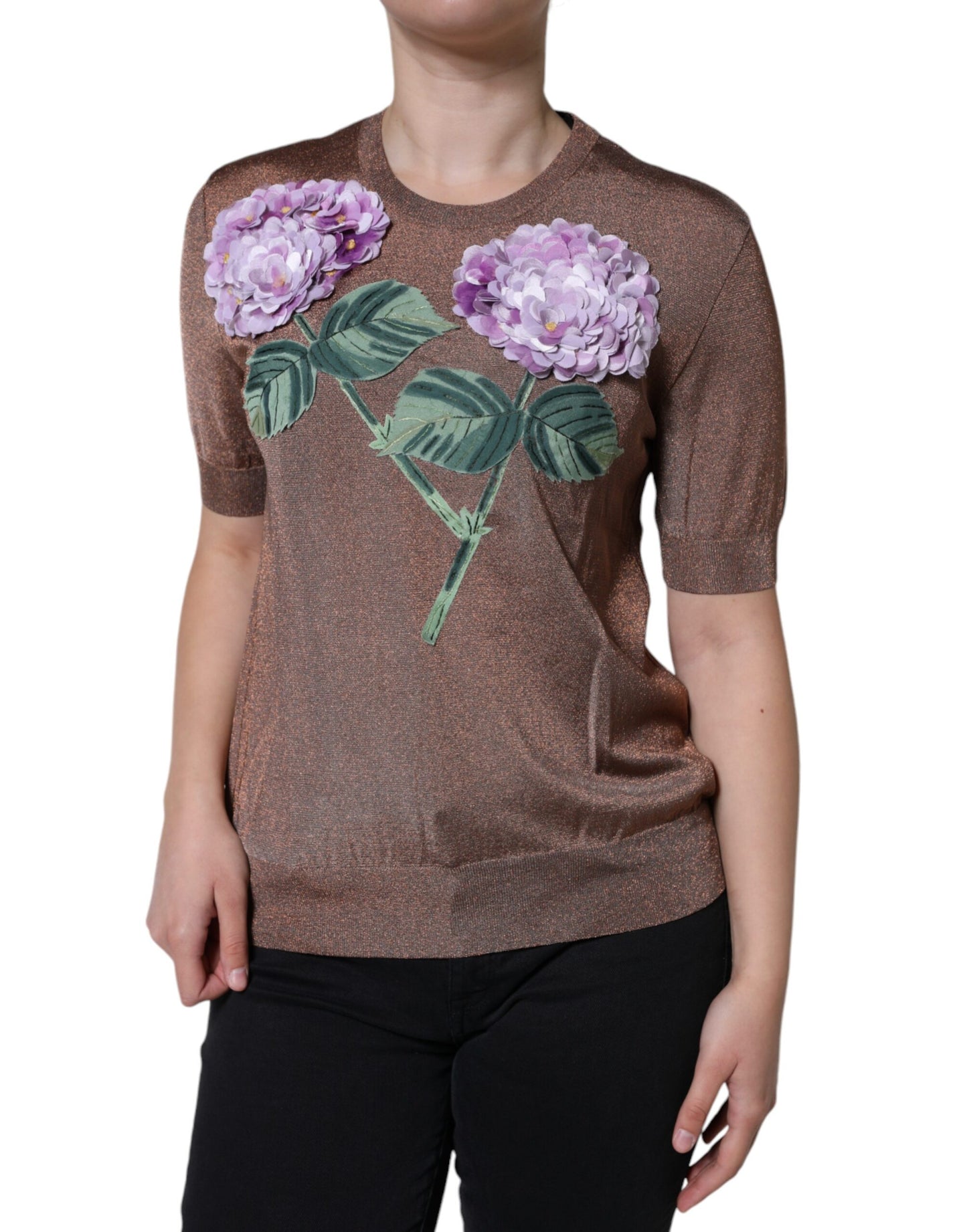 Brown Floral Applique Viscose Short Sleeve Top