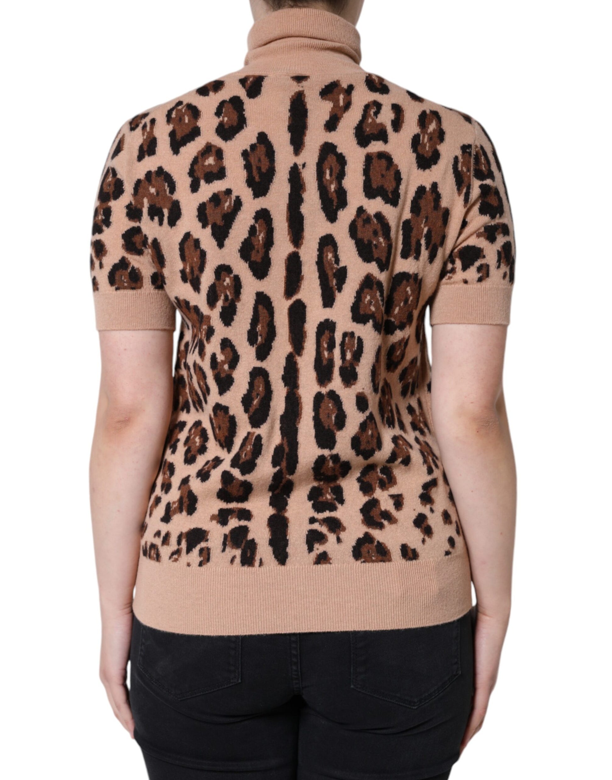 Beige Leopard Print Wool Turtleneck Top