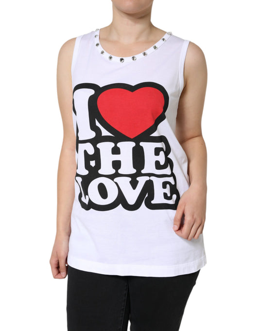 Camiseta sin mangas blanca adornada con la frase "I Love The Love"