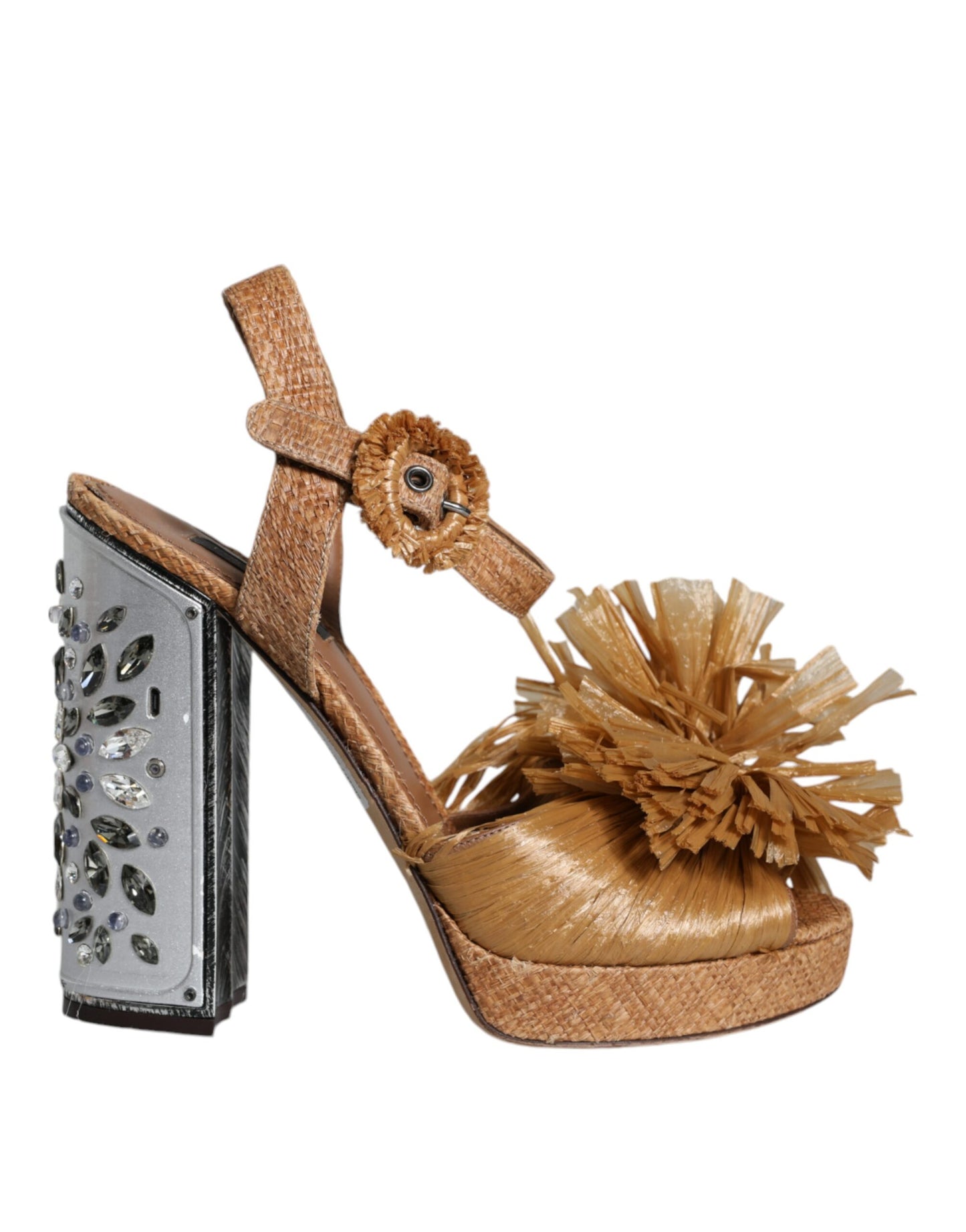 Brown Raffia Ankle Strap Crystal Sandals Shoes