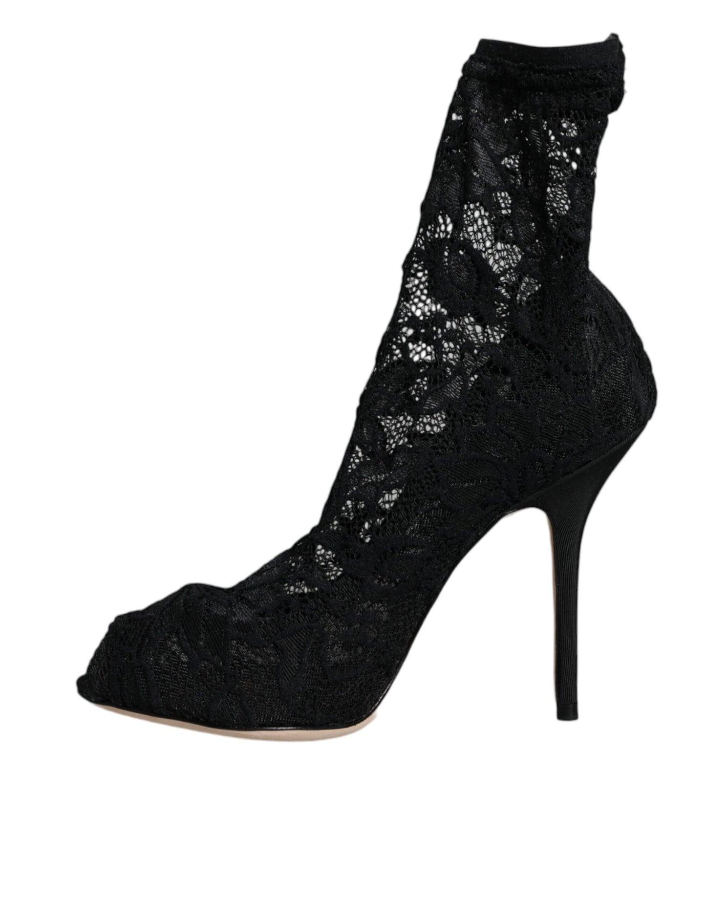 Black Lace Stretch Heels Mid Calf Boot Shoes