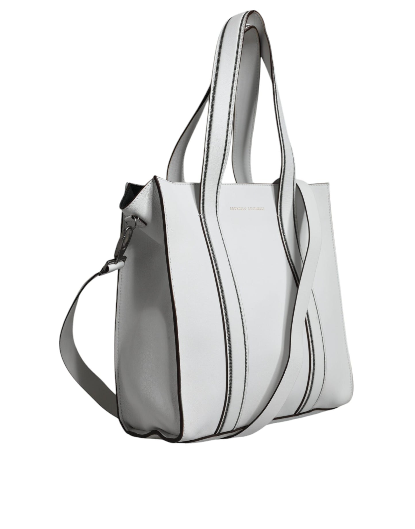 White Leather Logo Shoulder Strap Shopping Tote Bag