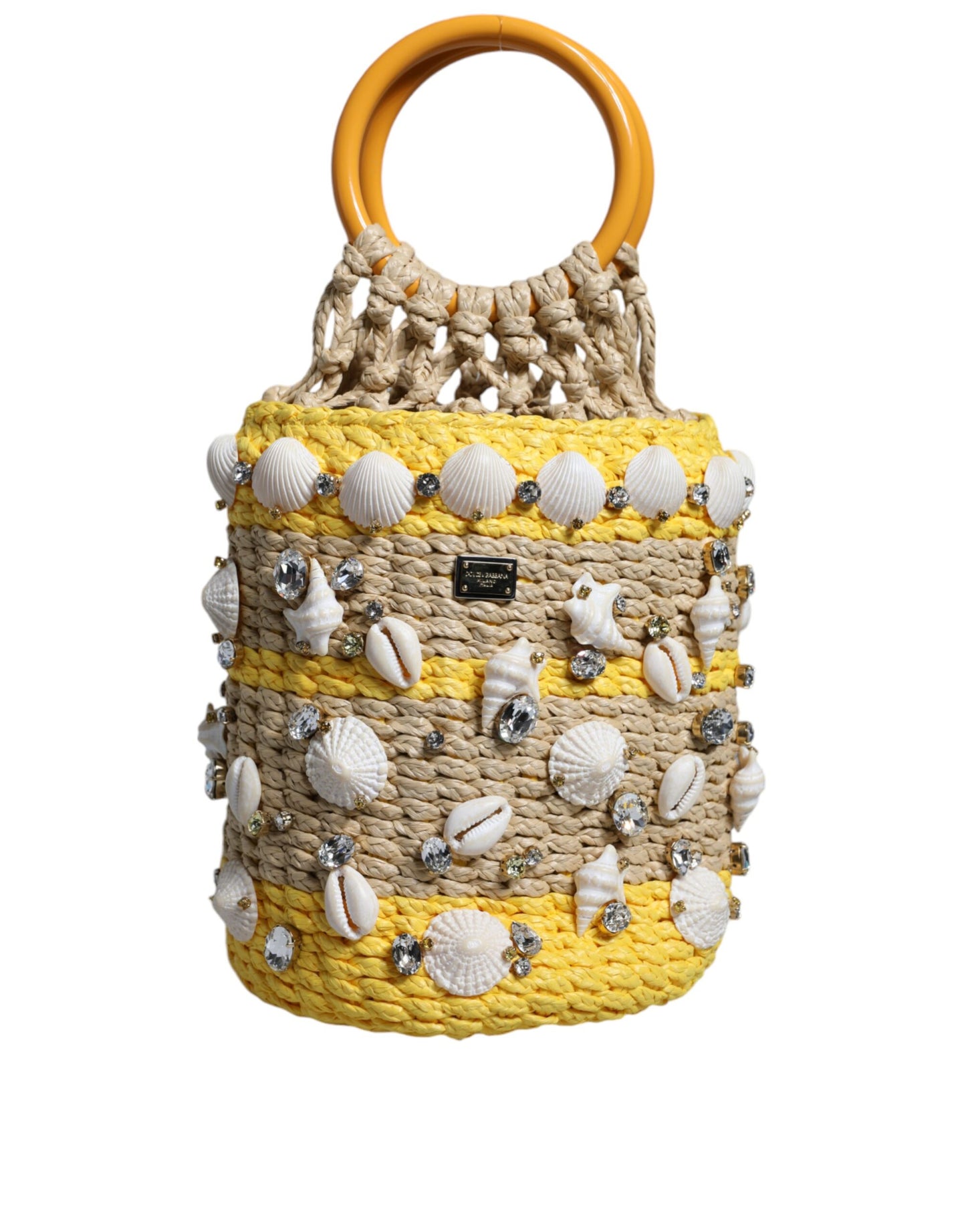 Beige Yellow Rafia Seashells Crystal Bucket Bag