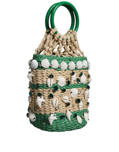 Beige Green Rafia Seashells Crystal Bucket Bag