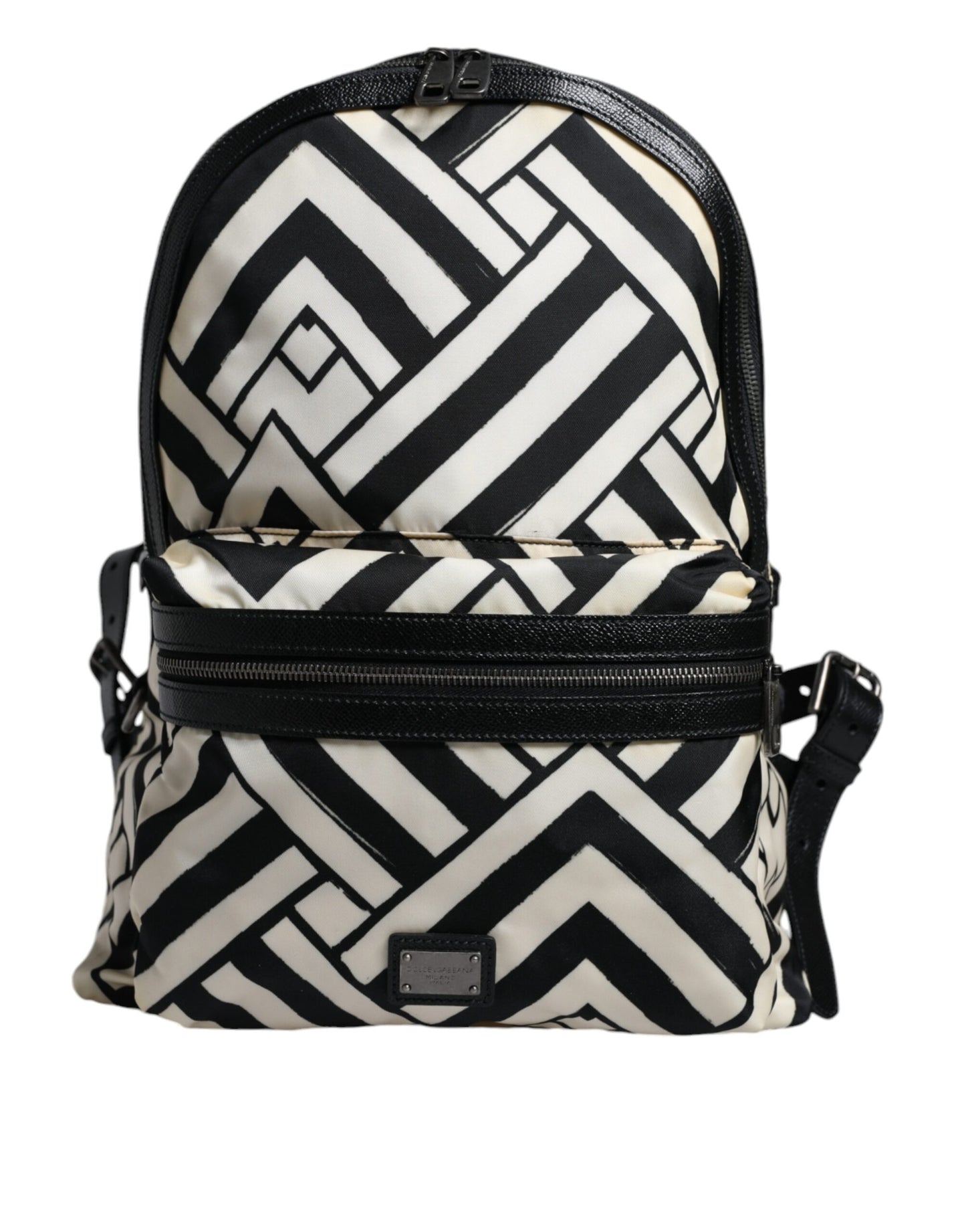 Black White Nylon Leather Travel Back Pack Bag