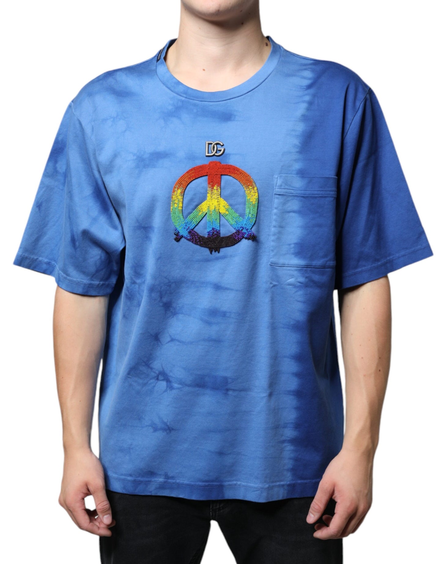 Blue Tie-Dye Peace Sign Cotton T-shirt