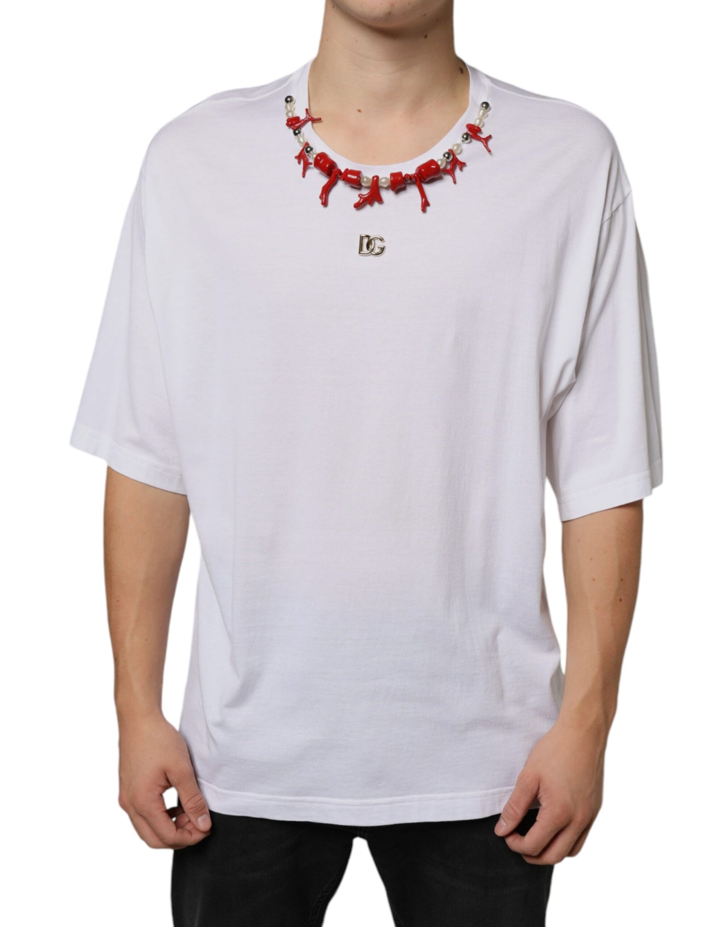 White Cotton Necklace Embellished T-shirt